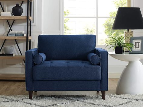 Granny Unit, Navy Blue Chair, Comfy Reading Chair, Blue Accent Chairs, Mid Century Modern Fabric, Large Armchair, Mid Century Modern Chair, Living Room Collections, Blue Chair