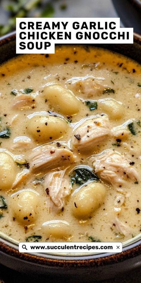 Tender chicken, pillowy gnocchi, and a garlic-infused creamy broth—this soup is a hug in a bowl! Creamy Garlic Chicken Gnocchi Soup, Gnocchi Chicken Noodle Soup, Potato And Gnocchi Soup, Beef Gnocchi Soup Recipes, Homemade Chicken Gnocchi Soup, Gnocchi Spinach Soup, Lemon Chicken Gnocchi Soup, Chicken Pot Pie Soup With Gnocchi, Chicken Soup With Gnocchi