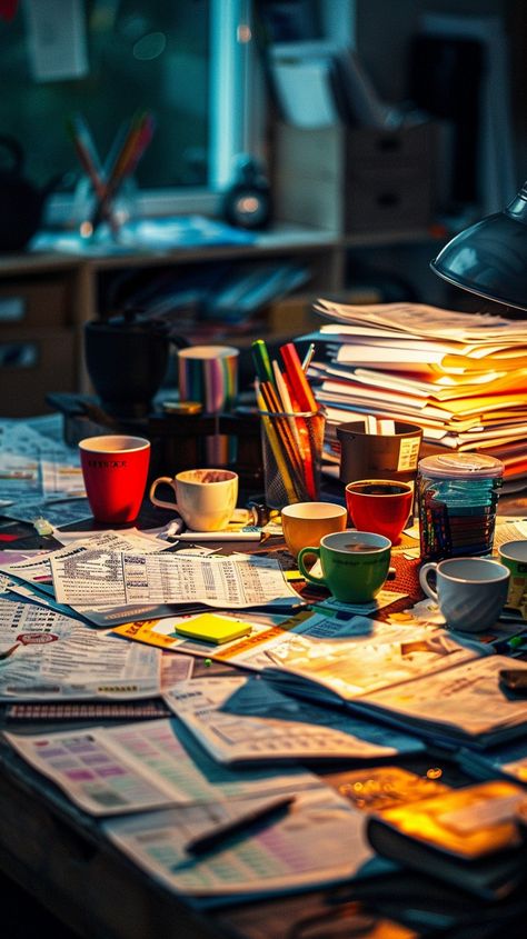 Cluttered Desk Chaos: A cluttered desk bathed in warm light, strewn with papers, cups, and various office supplies in an active workspace. #desk #clutter #papers #cups #office #aiart #aiphoto #stockcake ⬇️ Download and 📝 Prompt 👉 https://ayr.app/l/G1Nk Cluttered Desk Aesthetic, Desk Photography, Cluttered Desk, Desk Clutter, Rainbow Bedroom, Desk Cover, Workspace Desk, Messy Desk, Office Lamp