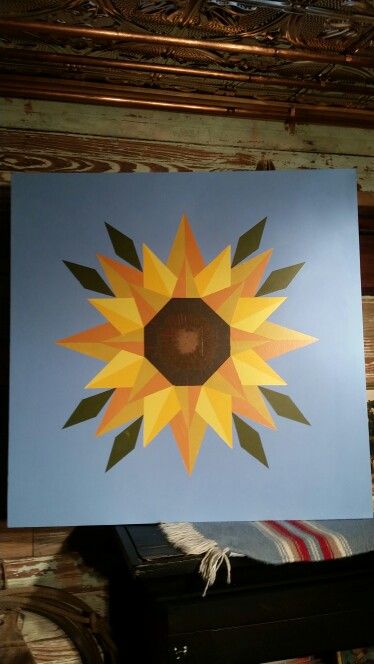 Sunflower Barn quilt Sunflower Barn Art, Geometric Sunflower, Sunflower Barn Quilt, Sunflower Barn Quilt Patterns, Sunflower Quilts, Barn Signs, Block Painting, Painted Barn Quilts, Barn Art