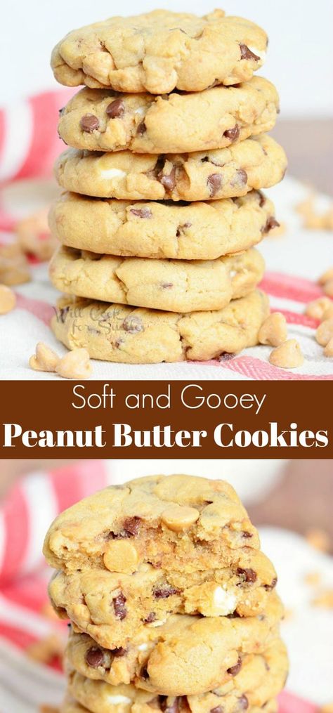 Soft and Gooey Loaded Peanut Butter Cookies - Will Cook For Smiles Gooey Peanut Butter Cookies, Cookies Reeses, Chocolate Chips And Peanut Butter, Soft Peanut Butter Cookies, Chewy Peanut Butter Cookies, Cookie Recipes Unique, Chocolate Cookie Recipes, Healthy Peanut Butter, Peanut Butter Cookie Recipe