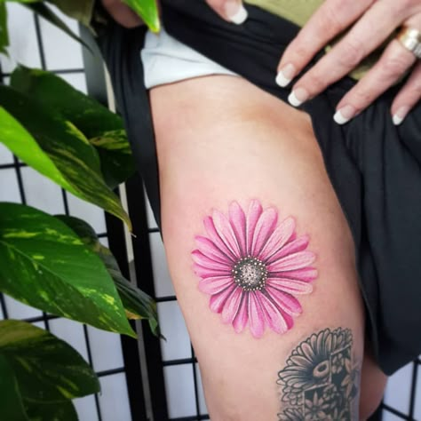 Gerbera Daisy Tattoo, Pink Gerber Daisy, Flower Tats, Tiny Flower Tattoos, Sunshine Tattoo, Flower Tat, Meaning Tattoos, Pink Gerbera, Witch Tattoo