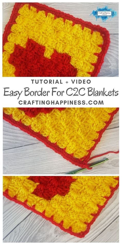 Easy Beginner Border For C2C Blankets with step by step photo tutorial & video for those who are visual learners. Great crochet border for blankets. Crochet tutorial by Crafting Happiness. C2c Borders Ideas, Easy Crochet Border, Afghan Borders, Crochet Borders For Blankets, Blanket Edging, C2c Patterns, Crochet Blanket Border, Crochet C2c Pattern, Crochet Blanket Edging