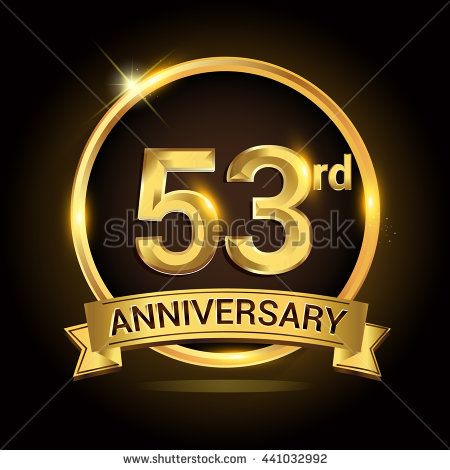 53rd golden anniversary logo, 53 years anniversary celebration with ring and ribbon. - stock vector 27th Wedding Anniversary, 35 Year Anniversary, 50th Golden Anniversary, 9 Year Anniversary, 11 Year Anniversary, 8 Year Anniversary, 29th Anniversary, 6 Year Anniversary, 10th Wedding Anniversary Gift