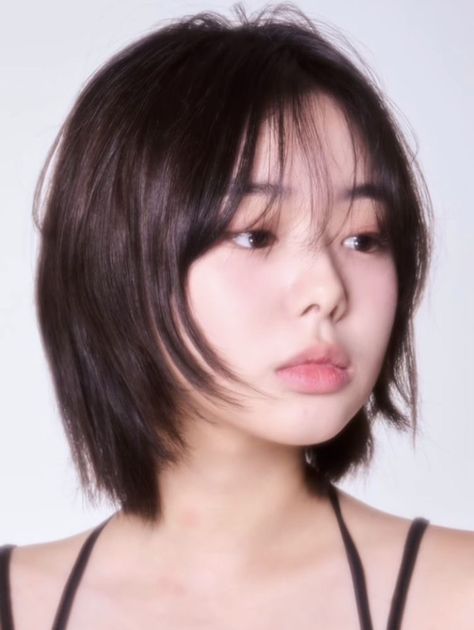 Short Hair With Wispy Bangs Korean, Mitsuha Miyamizu Hairstyle, Short Hime Cut With Bangs, Short Layered Haircuts Asian, Layered Short Hair Straight, Short Haircuts Asian, Short Hair Asian Women, Short Japanese Haircut, Japanese Short Hair Round Face