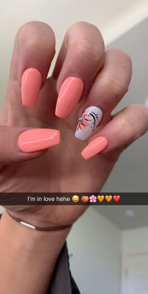 peach nails Peach Nails Acrylic Design, Peach Flower Nails, Peach Color Nails Designs Coral, Peach Nails With Flowers, Short Coffin Nails Designs Summer, Uñas Color Salmon, Peach Nails With Designs Summer, Summer Nails Peach, Peach Color Nails Designs