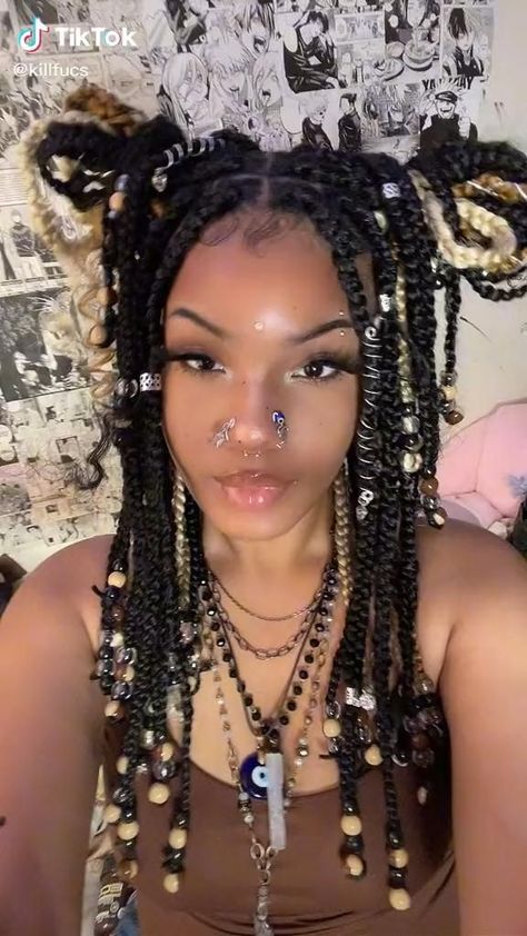 Braided Hairstyles With Jewelry, Wood Bead Hairstyles, Decorated Braids Black Hair, Sparkly Braids Black Women, Jeweled Hairstyles, Soft Locs With Beads, Beaded Hairstyles For Black Women, Hairstyles For Medium Length Hair Braids, Braids With Charms