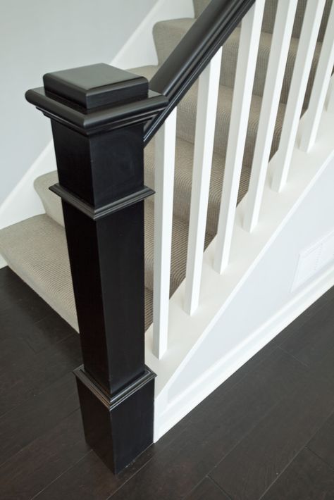 White, black, gray. I'm liking this more and more. Bannister Ideas, Banister Ideas, Banister Remodel, Stair Newel Post, Black Stairs, Stair Banister, White Stairs, Stair Makeover, Handrail Design