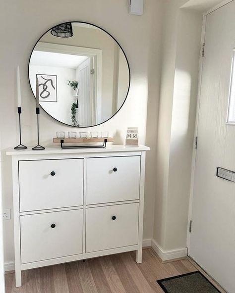 Lindbyn Mirror, Decorating With Mirrors, Soft Expression, Hemnes Shoe Cabinet, Ikea Shoe Cabinet, Ikea Hemnes, Apartment Living Room Design, Classical Design, Hallway Ideas Colour