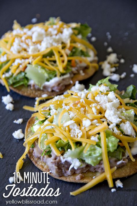 These oven baked tostadas are a complete meal, and will have dinner on the table in just ten minutes - they are so yummy! Baked Tostadas, Yellow Bliss Road, Easy Healthy Lunches, Work Lunch, Easy Lunches, Comfort Foods, Oven Baked, Burritos, I Love Food