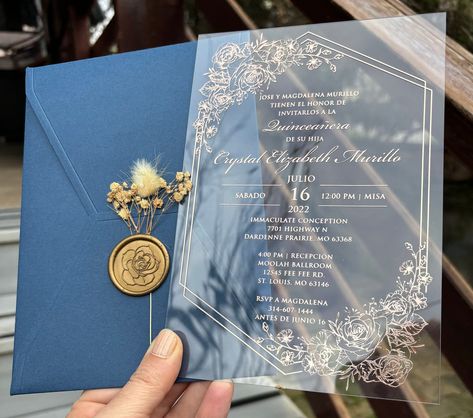 Debut Invitation Ideas, Debut Birthday, Navy Blue Envelope, Plexiglass Invitations, Invitation Rose Gold, Debut Invitation, Debut Ideas, Blue Envelope, Acrylic Wedding Invitations