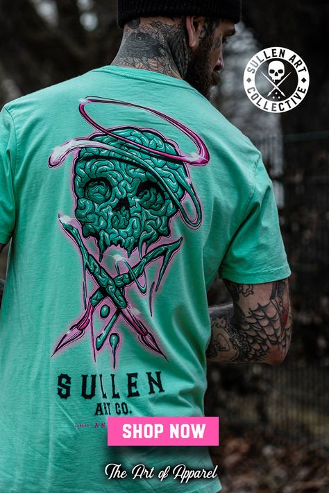 Tattoo Artist known as Anticorpo has a unique bold tattoo style with his signature brain style. Swoop up on this version of our iconic Sullen Badge logo. Tattoo Shirt, Bikers Outfit, Tattoo Clothing, Shirt Design Inspiration, Streetwear Tshirt, Boys T Shirts, Tee Design, Cool T Shirts, Mens T