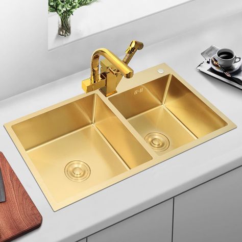 Gold Kitchen Sink Double Bowls Handmade Stainless Steel Sink Bowl Corner Kitchen Sink, Single Sink Kitchen, Black Stainless Steel Kitchen, Kitchen Basin, Deep Sink, White Kitchen Sink, Sinks Kitchen Stainless, Hidden Kitchen, Drop In Sink