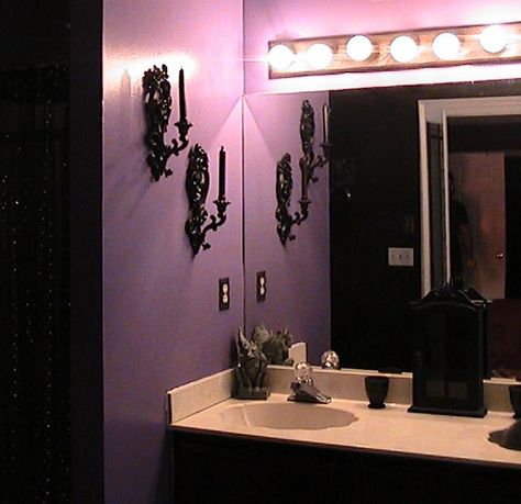 Purple Master Bathroom-- this is exactly how my bathroom looks.. But bigger! I love the black wall sconces Dark Purple Bathroom, Goth Bathroom, Purple Bathroom Accessories, Purple Bathroom Decor, Gothic Bathroom, Purple Bathroom, Purple Wall Decor, Modern White Bathroom, Purple Bathrooms