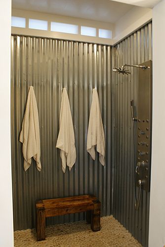 I'd like it a bit bigger, but the corrugated metal walls are cool!  A Virtual Home Tour: The First Level Galvanized Shower, Modern Modular Homes, Barn Tin, Open Showers, Inside House, Casa Container, Contemporary Style Homes, Pole Barn Homes, Basement Bathroom