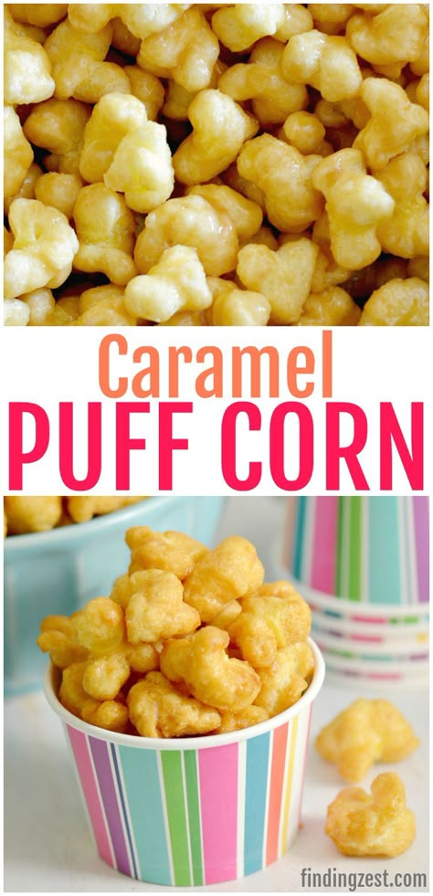 You'll love this caramel puff corn recipe, a tasty alternative to traditional caramel corn. Using bagged puff corn, this easy snack is baked for an awesome crunch without nuts. Works great for every day snacking, parties and game day! Also works well as a Christmas food gift. The hardest part will be keeping your hands off! #snacks #snackrecipes #parties #gameday #foodgifts #caramelcorn Puffed Corn Christmas Munch, Caramel Puff Corn Recipe Easy, Corn Puff Snacks, Caramel Puffed Corn, Caramel Corn Puffs Recipe, Carmel Puff Corn Recipe, Puffcorn Caramel Corn, Puff Caramel Corn Recipe, Carmel Puffs Recipe