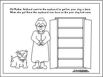 Old Mother Hubbard rhyme and coloring page. Old Mother Hubbard Activities Preschool, Letter O Activities, 100 Day Activities, Preschool Slp, Nursery Rhyme Crafts, Old Nursery Rhymes, Nursery Rhymes Preschool, Old Mother Hubbard, Purple Room