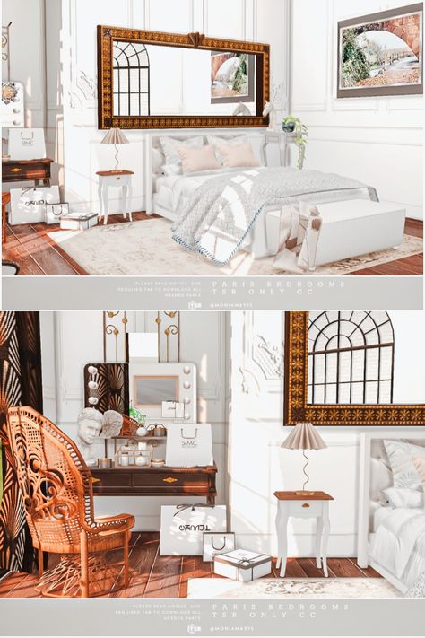 French accent Paris Bedroom in classic style in The Sims 4. Built of medium walls. This room is fully equipped. Custom Content was used. Download https://www.thesimsresource.com/downloads/ 1680910 www.thesimsresource.com - @thesimsresource @Moniamay72 #TS4 #ts4lots #tsr #TheSims #sims4 #thesims4 #Moniamay72 #thesims4lots #traditional #cc #sims4build #TheSimsResource #paris #french #apartment European Sims 4 Cc, French House Sims 4, Sims 4 French Apartment, Sims 4 Cc Parisian Furniture, Parisian Furniture, Living Room Sims 4, Sims Furniture, French Bathroom, Fancy Bedroom