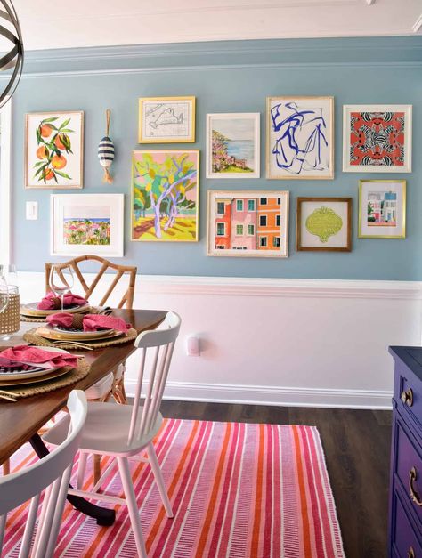 Kids Gallery Wall, Dining Room Gallery Wall, Kitchen Gallery Wall, Kids Art Galleries, Dining Room Art, Gallery Wall Living Room, Dining Room Colors, Dining Room Walls, Colorful Wall Art