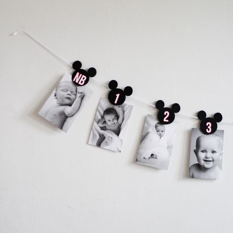 This Mickey Mouse Monthly Banner will add nice touch to your little one's Mickey Birthday! For the Modern Banner, in our design we use white/black and for some details, red.  This Banners are made from layers of cardstock paper for not visible holes. This banner come with 13 Mickey Mouse heads cards from NB to 12 months. Each monthly cards has a wood pin attached on the back to display a photo.  Each head measure 3" high x 3" wide. It measures approx. 6.5' long and  It come with a white ribbon. Invitation Mickey Mouse, Mickey Mouse Banner, Mickey Mouse Birthday Theme, Mickey First Birthday, Mickey 1st Birthdays, Mickey Mouse Themed Birthday Party, Monthly Photo Banner, Mickey Mouse Invitation, Mickey Mouse Decorations