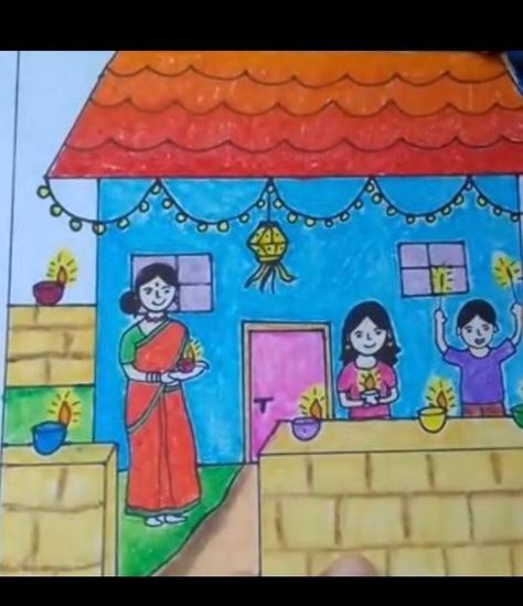 Drawing Of Diwali, Drawing For Children, Diwali Drawing, Ganesh Art Paintings, Ganesh Art, Elementary Art Projects, Drawing For Beginners, Beautiful Picture, Happy Diwali