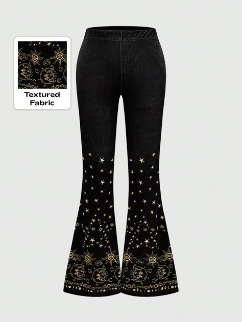 Starry Moon Print Velvet Women's Flare Pants Black Casual   Polyester Floral,Plain,Tribal Flare Leg Medium Stretch  Women Clothing, size features are:Bust: ,Length: ,Sleeve Length: Flare Pants Black, Moon Print, Elegant Dresses Long, Flare Leggings, Kids Sleepwear, Pants Black, Black Casual, Flare Pants, Straight Leg Pants