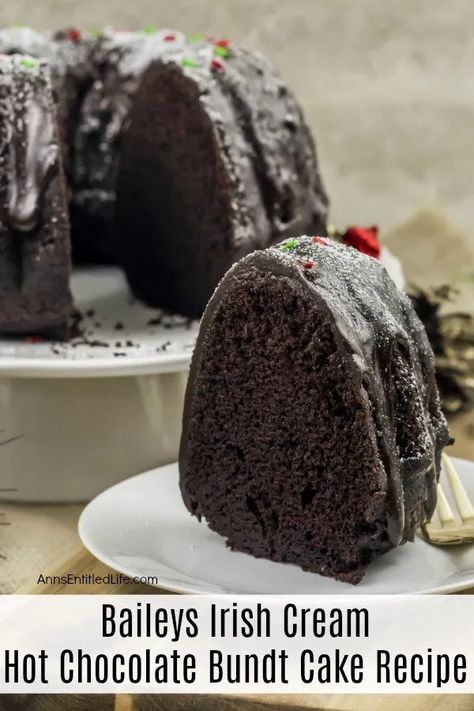 Baileys Irish Cream Hot Chocolate Bundt Cake Recipe. This chocolate cake recipe is rich, creamy, soft, and perfect for friends and family. The alcohol is cooked out of this cake, leaving behind only the delicious flavors of Baileys Irish Cream behind. Irish Creme Cake, Chocolate Irish Cream Bundt Cake, Alcohol Bundt Cake Recipes, Baileys Irish Cream Cake Recipe, Baileys Irish Cream Bundt Cake, Baileys Hot Chocolate Cake Recipe, Baileys Baking Recipes, Desserts Using Baileys Irish Cream, Irish Chocolate Desserts