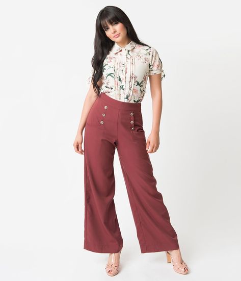 Unique Vintage 1940s Style Dusty Burgundy High Waist Sailor Ginger Pan Vintage Outfits For Women Dresses, Vintage Outfits Pants, Dusty Burgundy, Style Slacks, Fashion 1940s, Sailor Style, 1940s Style, Vintage Trousers, Sailor Fashion