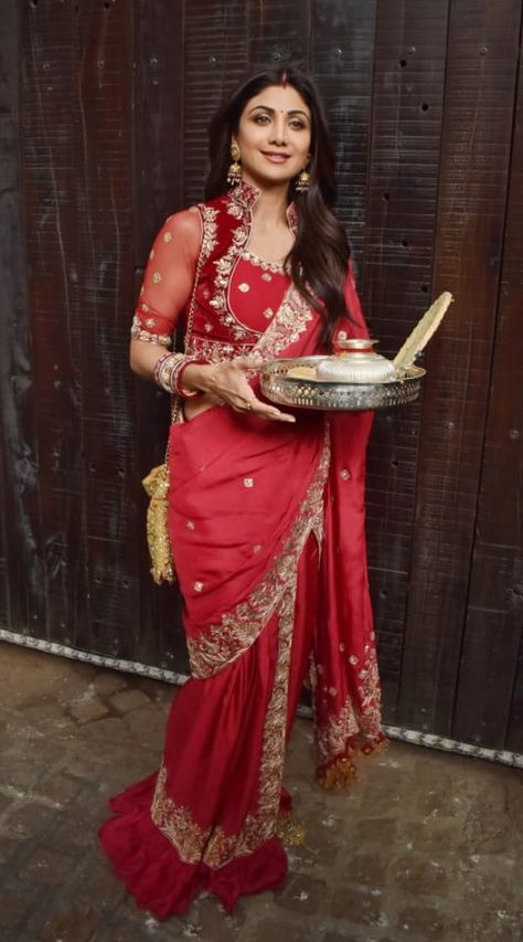 Karwa Chauth 2019: From Shilpa Shetty To Raveena Tandon Heres How These Bollywood Celebs Are Celebrating  ndtv.com Raveena Tandon, Karva Chauth, Simple Lehenga, Indian Sari Dress, Shilpa Shetty, Miroslava Duma, Modern Saree, Fancy Kurti, Saree Photoshoot