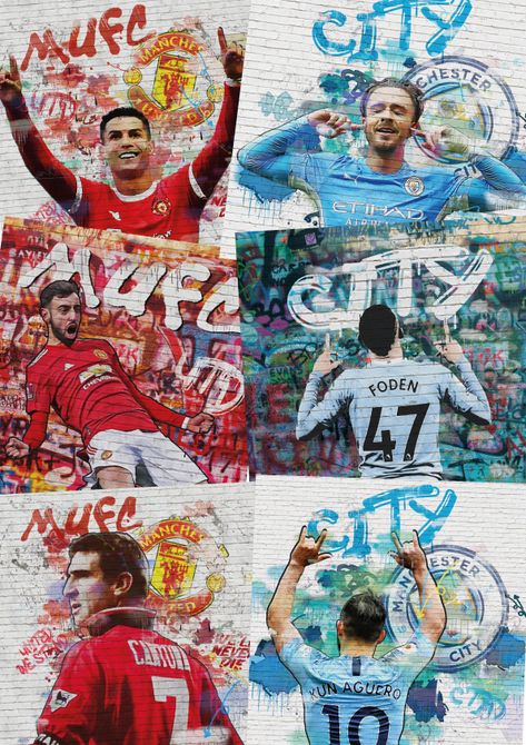 Man City Bedroom Ideas, Man United Ronaldo, Man City Premier League, Football Mural, Gcse Identity, Football Graffiti, Playstation Room, Grunge Artwork, Manchester United Art