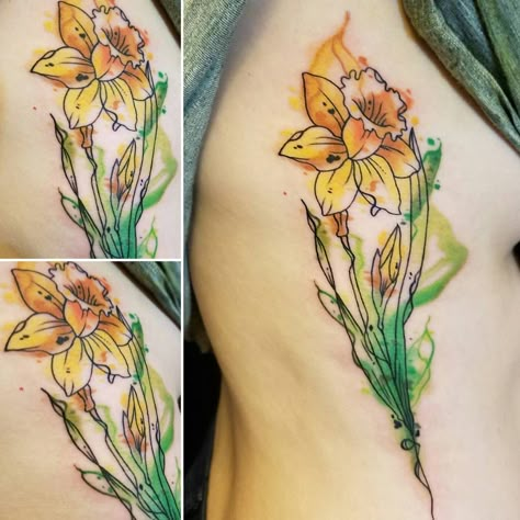 Daffodil Tattoo Watercolor, Watercolor Daffodils, Rock Watercolor, Daffodil Watercolor, Daffodil Flower Tattoos, Hummingbird Flower Tattoos, Horse Tattoo Design, Daffodil Tattoo, Candle Tattoo