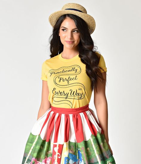 Unique Vintage Yellow Practically Perfect Short Sleeve Unisex Tee Vintage Brand Clothing, Uv Clothing, Disney Bounding, Disney Bound Outfits, Dapper Day, Practically Perfect, Cursive Font, Outfits 2017, Measuring Tape