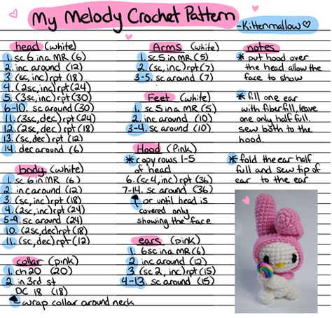 My Melody Crochet Pattern, My Melody Crochet, Hello Kitty Crochet, Crochet Tutorial Pattern, Beginner Crochet Tutorial, Quick Crochet Patterns, Pola Amigurumi, Crochet Keychain Pattern, Crochet Business