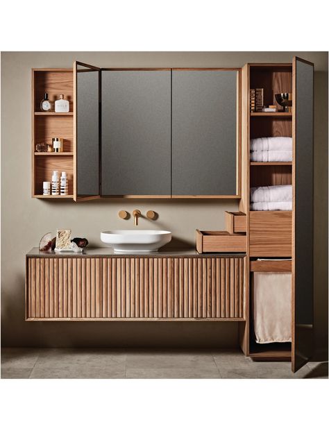 wood framing on mirrored cabinet Cupboard Ideas Bathroom, Bathroom Mirror Cabinet Ideas, Modern Bathroon, Mirror Cabinet Bathroom, Reece Bathroom, Bathroom Sink Units, Bathroom Cabinets Designs, Partition Walls, Mirrored Cabinet