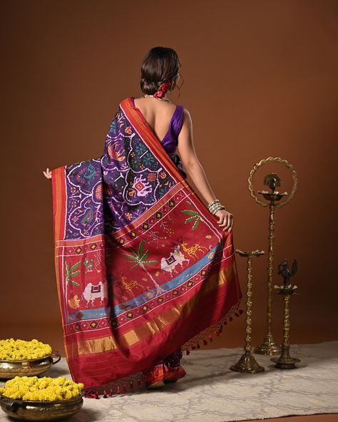 PRICE 38,000 Radiating vibrant colours, this Handloom Purple and red pure mulberry silk ikat saree with an animal theme expresses elegance and sophistication. Handcrafted by skilled artisans using the single ikat technique, it features intricate animal motifs, creating a timeless work of art. The mesmerizing motifs seamlessly flow into the pallu, blending beautifully with the rich mix of colors, making it a timeless masterpiece. Note: The saree comes with an unstitched blouse piece. Color... Ikat Technique, Ikat Saree, Animal Motifs, Indian Bridal Fashion, Silk Ikat, Bridal Fashion, Handloom Saree, Vibrant Colours, An Animal