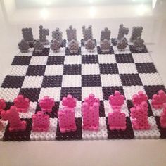 3D Chess board perler beads by goselinda 3d Chess Board, Chess Play, 3d Chess, Easy Perler Beads Ideas, 3d Perler Bead, Art Perle, 3d Figures, 8bit Art, Fusion Beads