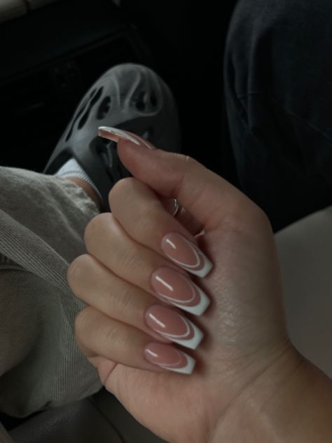 Double Line French Tip Nails Coffin, Double Smile Line Nails, French Nails Double Line, French Nails With Line, Blue Nails With White Lines, Double Lined French Tip, Reverse French Tip Nails, Double Line French Tip Nails, Double French Tip Nails