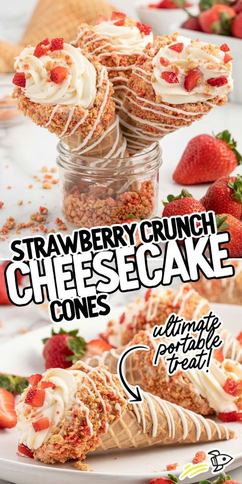 Strawberry Crunch Cheesecake Cones Mini Waffle Cones Recipe, Desserts With Waffle Cones, Dessert Ideas For Selling, Strawberry Cheesecake Cones Recipe, Strawberry Cheesecake Stuffed Cones, Strawberry Cheesecake Waffle Cone, Strawberry Crunch Cones, Waffle Cone Desserts, Strawberry Cheesecake Cones