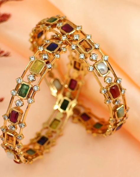 Navaratna Bangles Gold, Navaratna Ring For Women, Navratna Bangles, Navaratna Bangles, Navaratan Jewellery, Navaratna Jewellery, Star Jewellery, Beautiful Bangles, Diamond Bangles