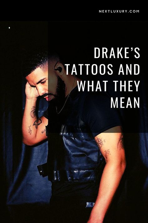 Drake is no stranger to the tattoo chair with over 30 different pieces of body art. Examine some of his most visible and impressive tattoos and gain insight into what they mean. #tattooideas Drake Tattoo Of Sade, Drake Owl Tattoo, Drake Quote Tattoos, Drake's Tattoo, Drake Lyric Tattoos, Drake Inspired Tattoos, Ovo Tattoo Drake, Drake Lyrics Captions, Drake Tattoo Ideas