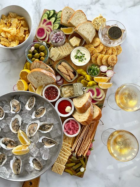 Oysters, caviar, seafood board, New Years Eve Appetizer, seafood platter, oysters & caviar Grazing Board Ideas, Seafood Board, Seafood Dinner Party, Grazing Board, Seafood Platter, Dinner Party Menu, Party Food Platters, Charcuterie And Cheese Board, Charcuterie Recipes