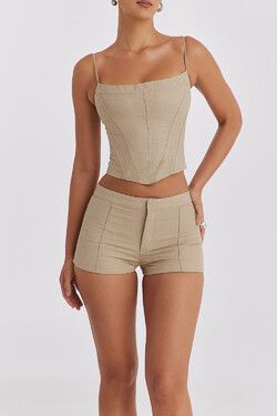 Clothing: Shorts: Stone Tailored Shorts - CHR3929 Beige Corset Outfit, Beige Corset, Linen Corset, Beautiful Corset, Inspo Fits, Structured Dress, Linen Crops, Glamour Dress, Tailored Shorts