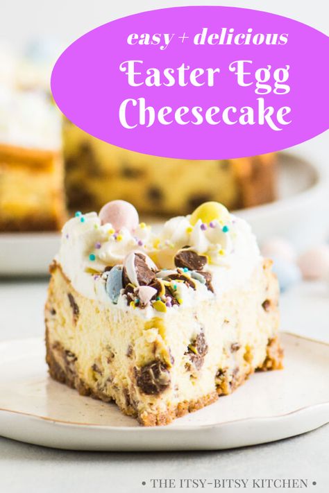 Easter egg cheesecake! This easy homemade cheesecake is filled with mini chocolate Cadbury eggs, topped with whipped cream, and has a buttery graham cracker crust. This recipe is delicious for Easter or any time in spring! No water bath required and it's even easy to make! Cadbury Egg Cheesecake, Easter Egg Cheesecake, Cheesecake Easter, Easter Cheesecake, Easy Homemade Desserts, Easy Easter Desserts, Easter Desserts Recipes, Homemade Cheesecake, Dessert Simple