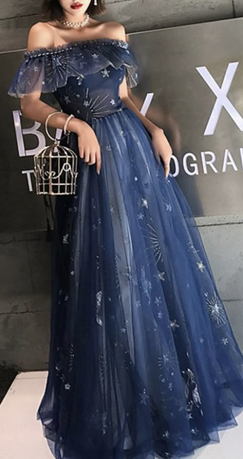 Prom Dress Constellation, Star Dresses Gowns, Constellation Dress Short, Sun And Moon Prom Dress, Prom Dresses Galaxy Theme, Celestial Prom Dress Blue, Celestial Theme Dress, Ravenclaw Inspired Dress, Constellation Prom Dress