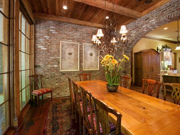 Traditional Home A Hays Town Design Ideas, Pictures, Remodel, and Decor Brick Wall Dining Room, Brick Dining Room, Brick Wall Living Room, Brick Accent Walls, Brick Interior, Traditional Dining Rooms, Brick Kitchen, Farmhouse Pendant Lighting, Traditional Dining Room