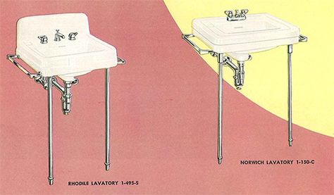 24 pages of vintage bathroom design ideas from Crane - 1949 ... 1940 Interior Design, Vintage Bathroom Design, 1940s Bathroom, 1940s House, Sink Legs, Vintage Catalog, Vintage Sink, 1940's Style, Black White Bathrooms