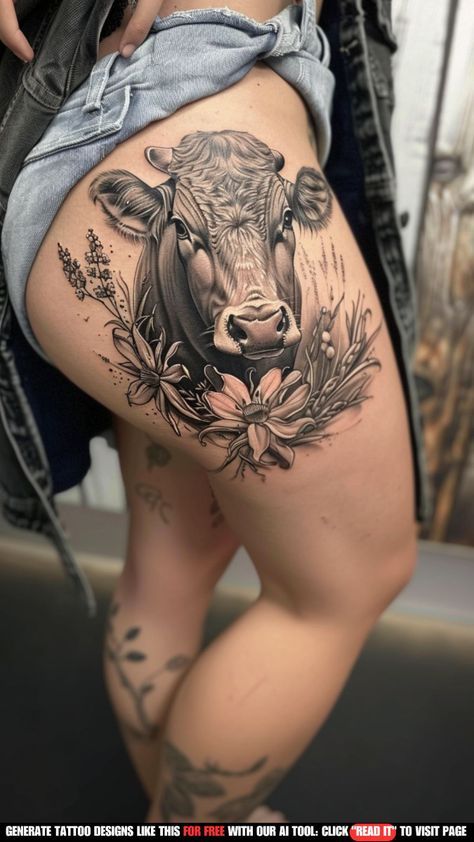 Side Thigh Tattoos Women, Hip Tattoo Ideas, Side Tattoos Women, Hip Tattoo Designs, Side Thigh Tattoos, Cow Tattoo, Hip Thigh Tattoos, Country Tattoos, Belly Tattoos