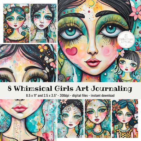 Printable Whimsical Girls, Mixed Media Art Journaling, Junk Journal Pocket Mini Set, Scrapbooking, Art and Craft, Journaling, Digital Prints - Etsy Intermediate Art, Whimsical Faces, Mixed Media Faces, Whimsical Art Journal, Whimsy Art, Whimsical Art Paintings, Mixed Media Art Projects, Art Trading Cards, Whimsical Artwork