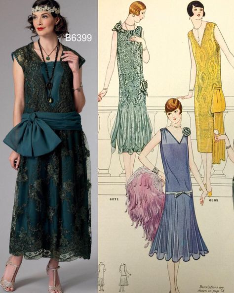 Sew the look, 1920s-style. New #butterick pattern shown with 1920s patterns from an old Butterick catalog in our archives. Butterick.com #b6399 #fromthearchives #roaring20s Vogue Wedding Dress Patterns, 1920s Dress Pattern, Dress Patterns Uk, 1920s Evening Gowns, 1920s Evening Dress, Evening Gown Pattern, Style Dress Patterns, Party Dress Patterns, 1920s Fashion Dresses