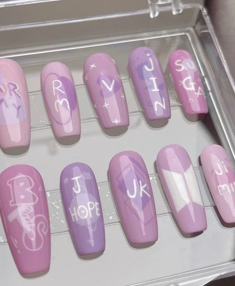 Bts Nails, Army Nails, K Pop Nails, Fake Nails Designs, Bts Birthdays, Korean Nails, Pretty Gel Nails, Nail Idea, Diy Nails